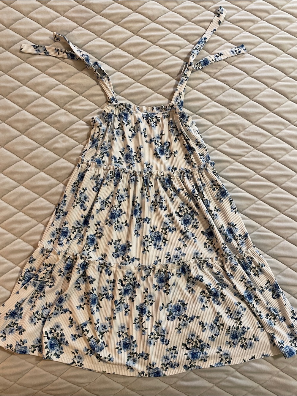 Girls' White & Blue Floral Tie-Shoulder Sundress
